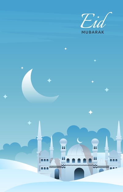 Eid Mubarak Greeting Card Mosque Night Sky Vector Design Template