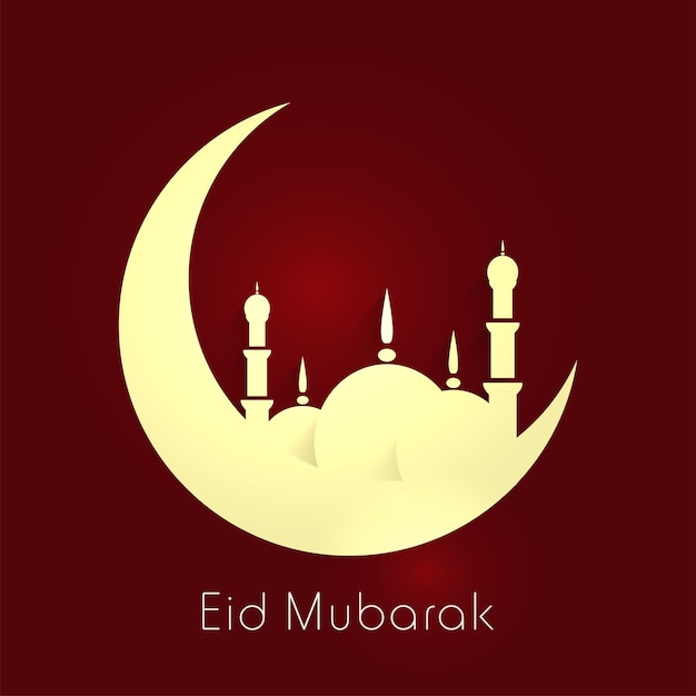 Eid Mubarak Greeting Card With Crescent Moon Mosque On Red Background