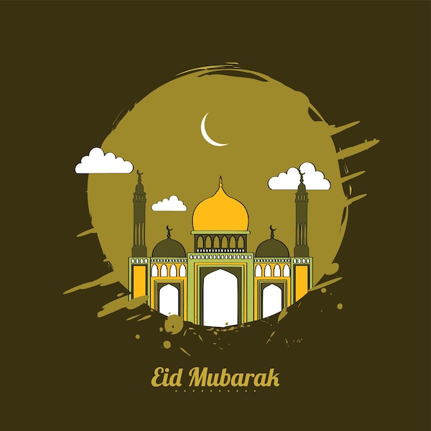 Eid Mubarak Greeting Card With Mosque Crescent Moon Clouds On Olive Green Brush Effect Background