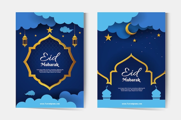 Eid mubarak greeting cards set with mosque, crescent moon and lanterns at night