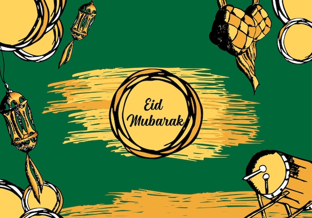 Eid mubarak hand drawn premium gold and green color vector