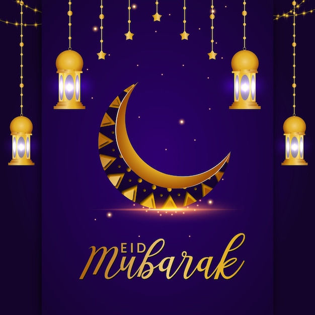 Eid Mubarak Images in Dark Blue Background with Beautiful Golden Moon with Festival Decoration