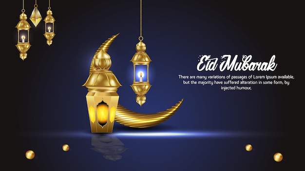 Eid mubarak Islamic greetings card design decorative background with golden ornament premium vector