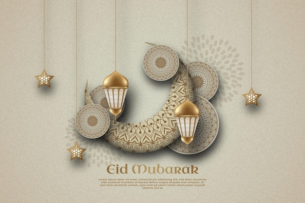 Vector eid mubarak islamic template of a crescent mandala lantern and star ornaments on beige background