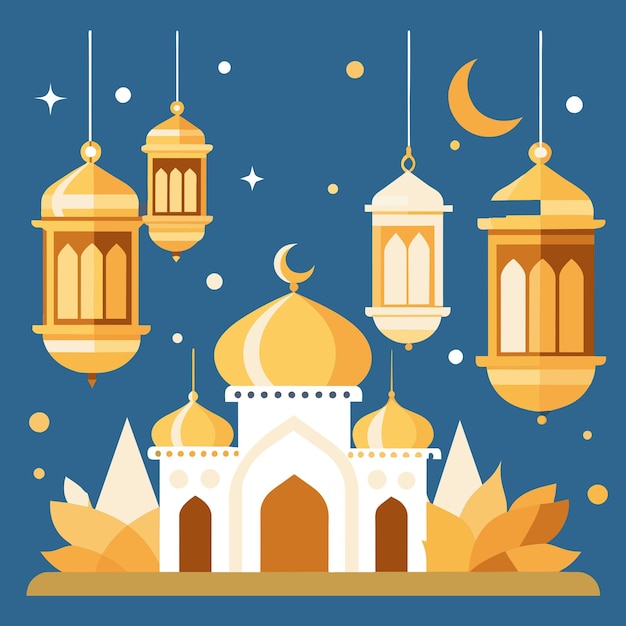 Eid Mubarak Islamic Template Lanterns Ramadan Kareem Al Adha Al Fitr with Mosque