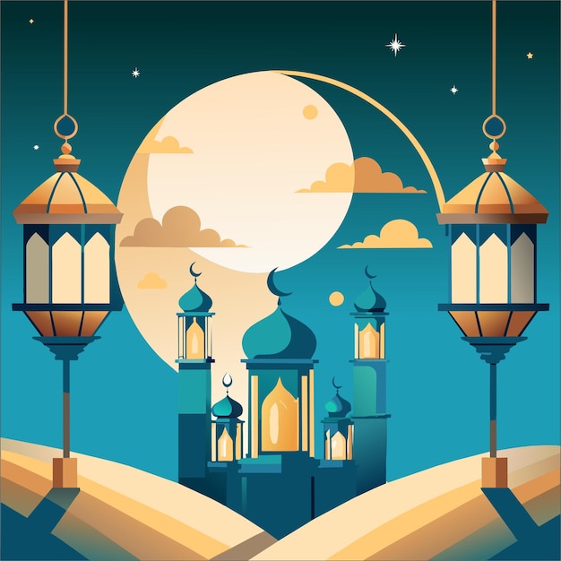 Eid Mubarak Islamic Template Lanterns Ramadan Kareem Al Adha Al Fitr with Mosque