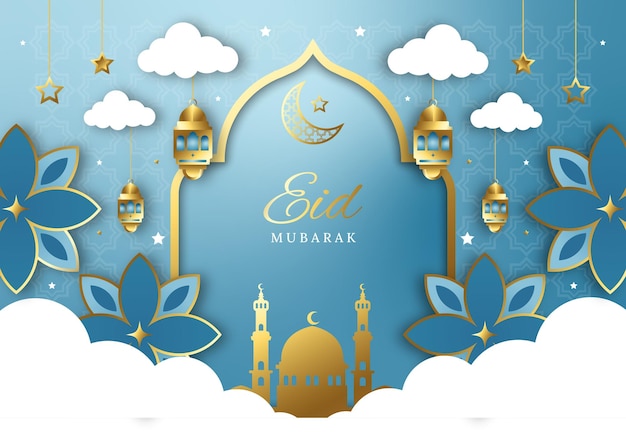 Eid mubarak paper style illustration background cover template