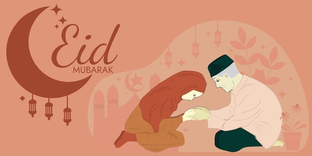 eid mubarak poster illustration. flat design old man and woman in hijab shaking hands.