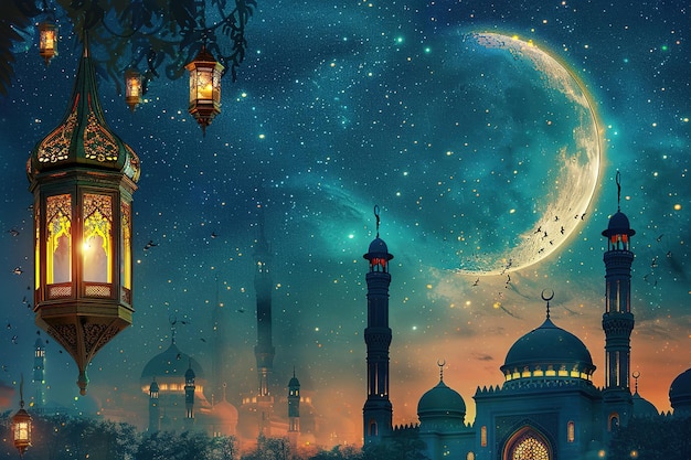 Vector eid mubarak and ramadan kareem greetings with islamic lantern moon and mosque wallpaper background ar 32 job id bab50bef8a9e471b81e29b28a0f858c8