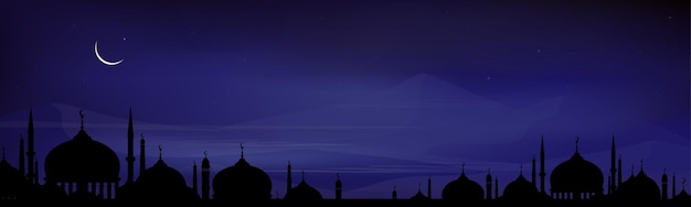 Eid Mubarak Ramadan Kareem with Silhouette Dome Mosques at night with crescent moon