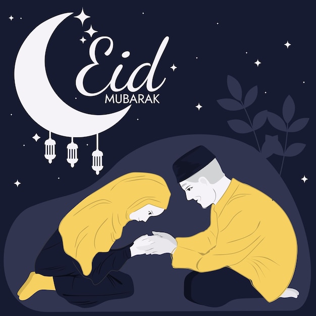 eid mubarak social media post illustration. flat design old man and woman in hijab shaking hands.