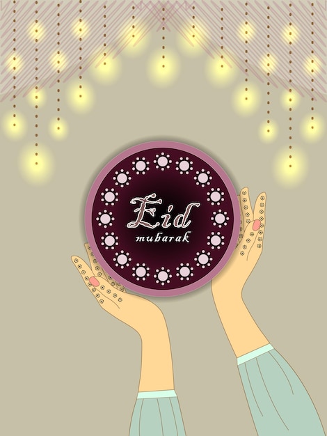 Vector eid mubarak template with henna hands eid greeting card for muslims with henna hands