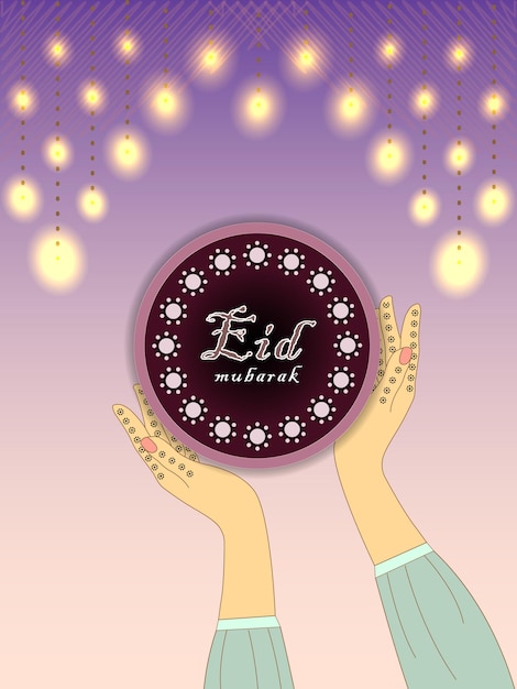 Vector eid mubarak template with henna hands eid greeting card for muslims with henna hands