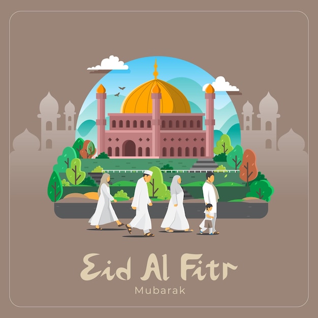 Eid mubarak vector greeting card with muslim people going to mosque