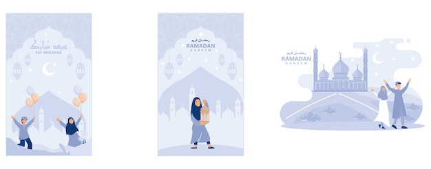 Eid Mubarak vector with Happy kids muslim girl holding lantern with crescent moon