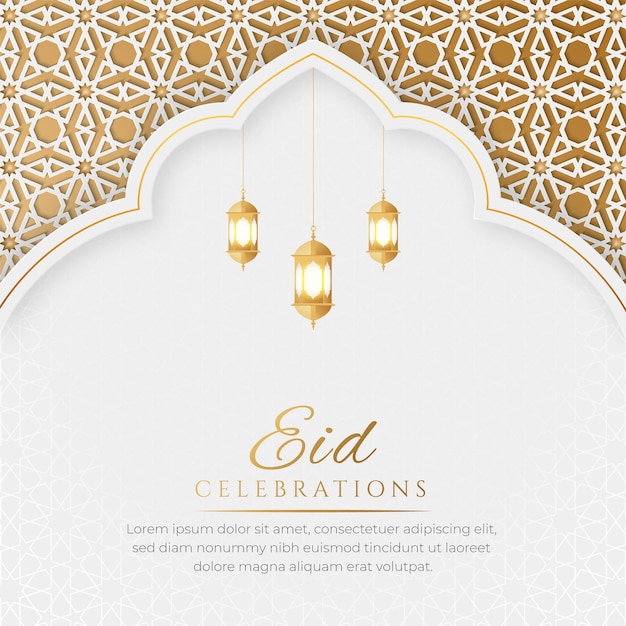 Eid Mubarak White and Golden Luxury Background with Decorative Islamic Arch and Lanterns