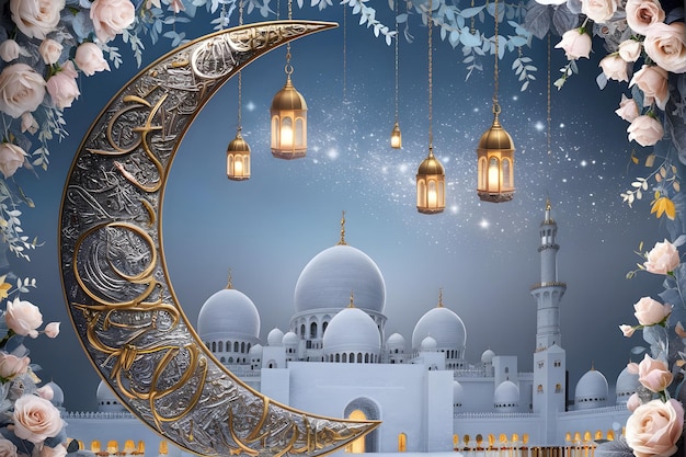 Eid mubarak with crescent moon and mosque concept vector Eid mubarak design background