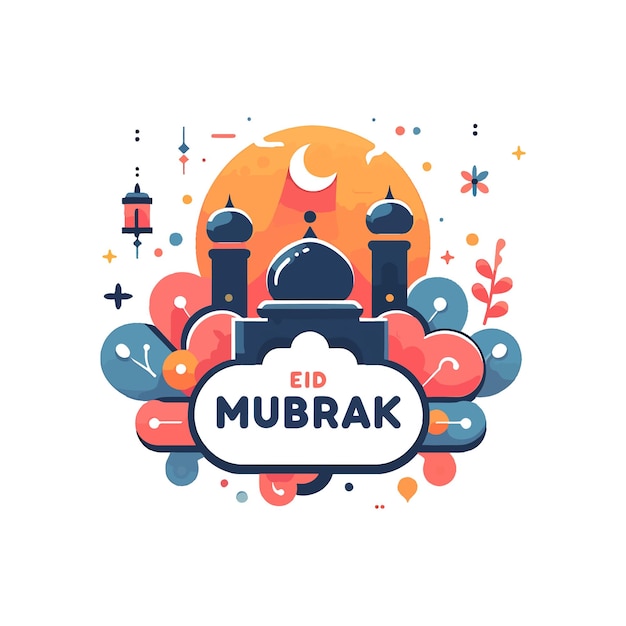 Eid Mubarak with Mosque moon and stars Greeting isolated vector flat illustration