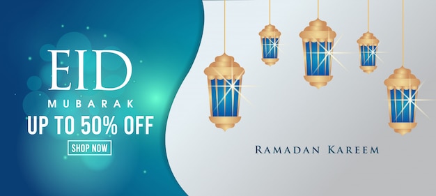 Eid sale banner with hanging lanterns