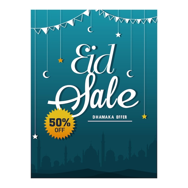 Eid Sale Flyer Design With 50 Discount Offer Crescent Moon Stars Hang And Bunting Flags On Blue Silhouette Mosque Background