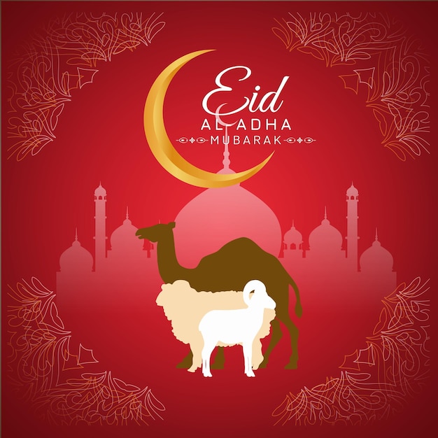 Eid ul Adha banner Unique Design Mosque and Goat camel with red background