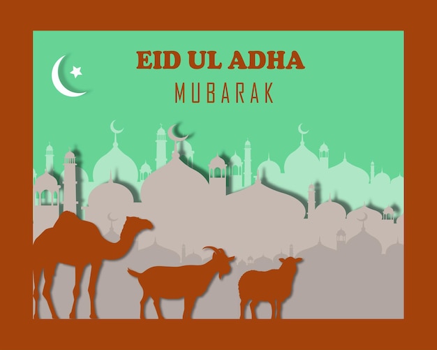 Eid ul adha mubarak paper cut illustration template for social media poster design