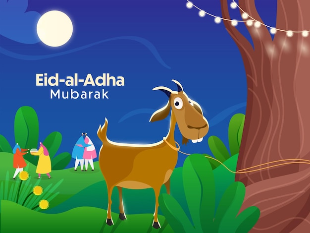 EidAlAdha Mubarak Concept With Islamic People Celebrating Goat Tied To Tree On Blue And Green Nature Background