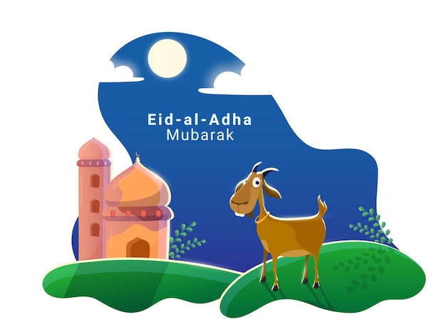 EidAlAdha Mubarak Poster Design With Mosque Goat Animal Full Moon On Blue And White Background