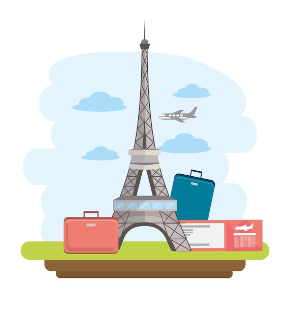 Eiffel tower travel with baggage and passport