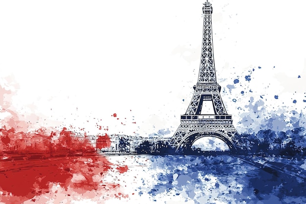 Eiffel Tower with French flag background vector presentation design 8k white background red and blue