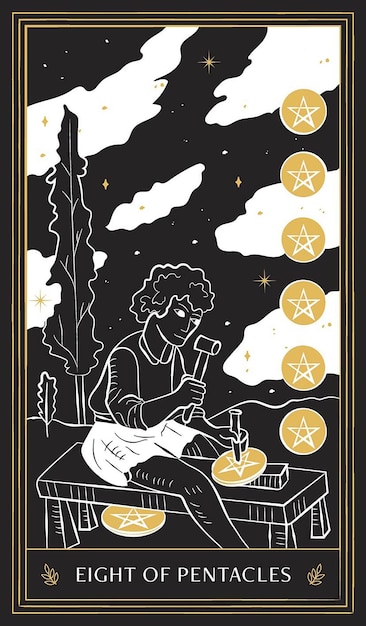 eight of Pentacles Tarot Card in Minor Arcana with Black Gold and White Hand Drawn Vector Doodle