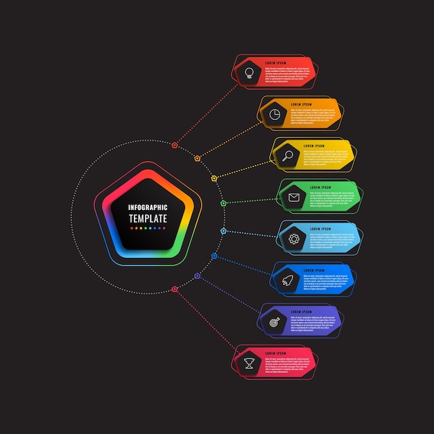 eight steps infographic template with pentagons and polygonal elements on a black background