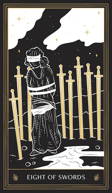 Eight of Swords Tarot Card in Minor Arcana with Black Gold and White Hand Drawn Vector Doodle