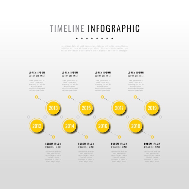 Eight yellow infographic elements with realistic shadow in horizontal timeline on a white background