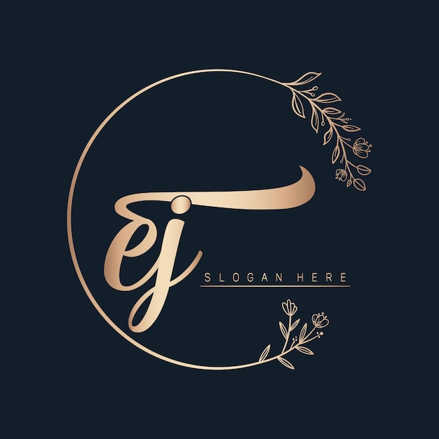 ej calligraphic and signature vector logo design with circle in gold color leaf and flower