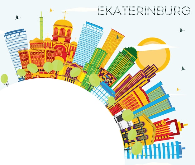 Ekaterinburg Skyline with Color Buildings, Blue Sky and Copy Space. Vector Illustration. Business Travel and Tourism Concept with Modern Buildings. Yekaterinburg Cityscape with Landmarks.