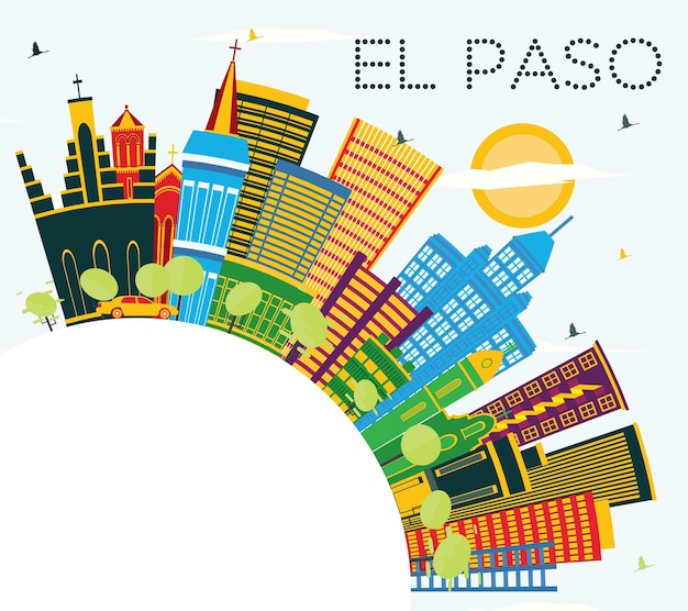 El Paso Texas City Skyline with Color Buildings, Blue Sky and Copy Space. Vector Illustration. Business Travel and Tourism Concept with Modern Architecture. El Paso Cityscape with Landmarks.