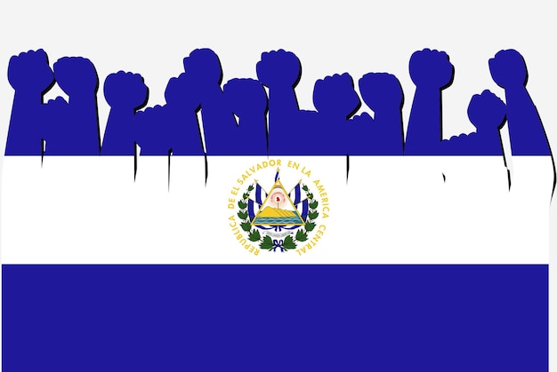 El Salvador flag with raised protest hands vector country flag logo El Salvador protesting concept