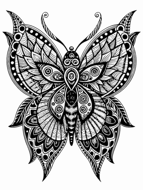 Vector an elaborate mandala of a butterfly with symmetrical wing patterns black and white black line art