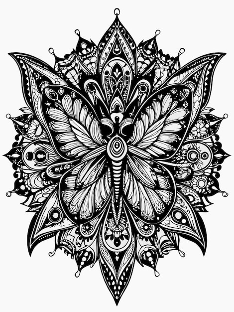 Vector an elaborate mandala of a butterfly with symmetrical wing patterns black and white black line art