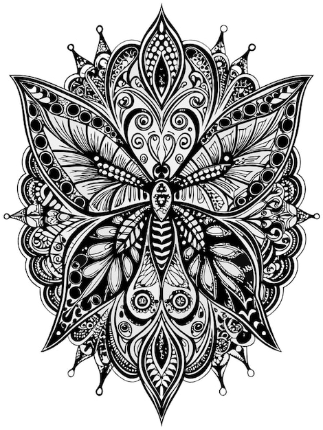 Vector an elaborate mandala of a butterfly with symmetrical wing patterns black and white black line art