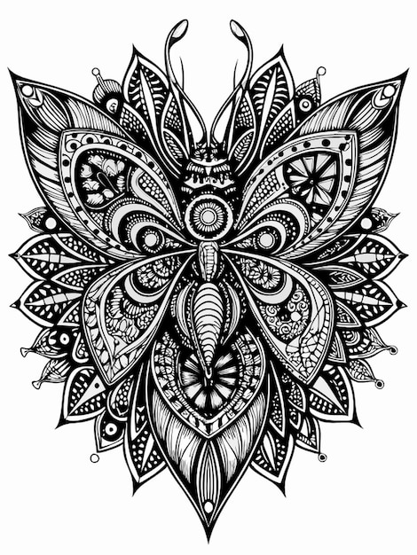 Vector an elaborate mandala of a butterfly with symmetrical wing patterns black and white black line art