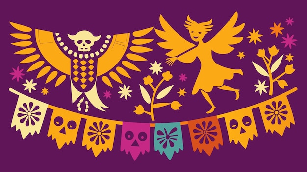 Elaborate papel picado banners flutter in the breeze bearing intricate designs depicting scenes from