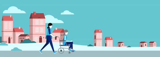 Elder care wheelchair. vector illustration.