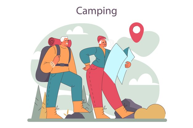 Vector elder characters camping together mountain travel with trekking