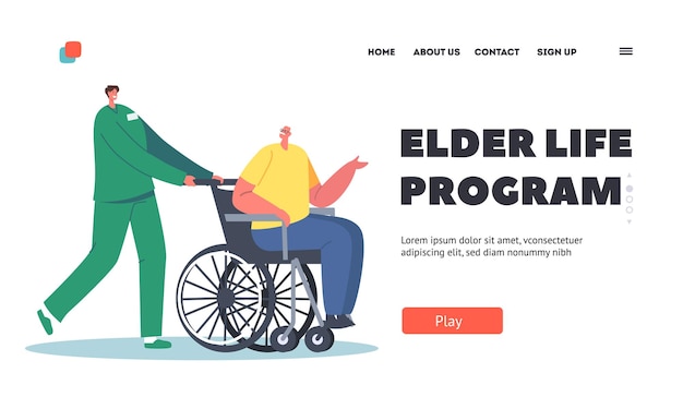 Vector elder life program landing page template medic help old disabled people in nursing home or clinic young nurse social worker care of sick senior man sitting on wheelchair cartoon vector illustration