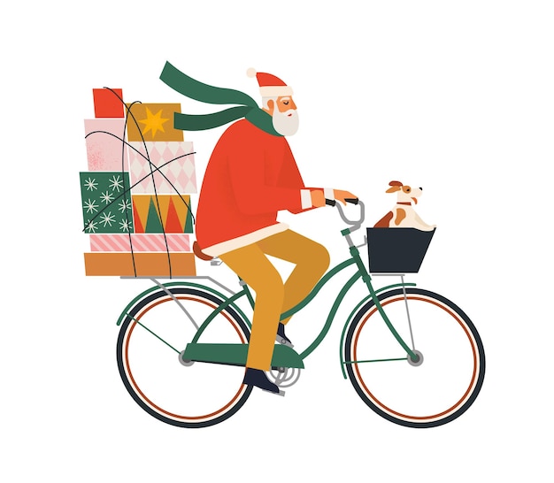 An elder man dressed as Santa Claus rides a bicycle with gifts and dog Christmas postcard Winter vertical banner Vector flat illustration