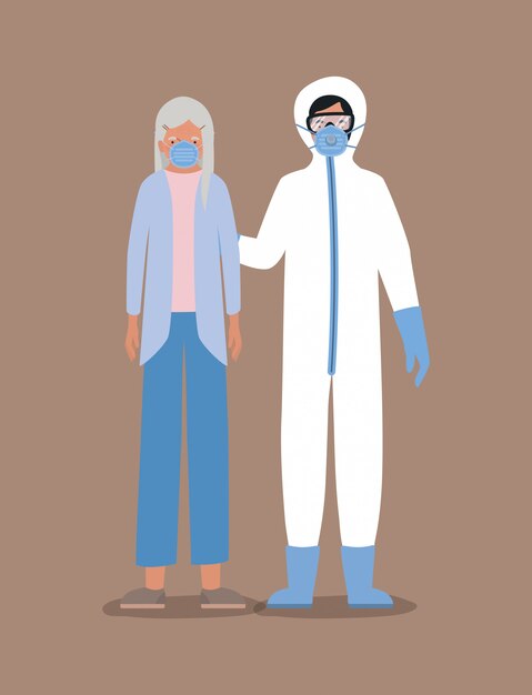 Elder woman with mask and doctor with protective suit against Covid 19 design