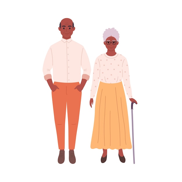 Elderly black couple in stylish fashionable look. Smiling grandpa and granny in modern outfit