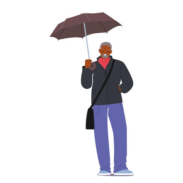 Elderly Black Gentleman Character Dressed In Cozy Autumn Attire Holding An Umbrella To Shield From Rain Classic Style And Warmth Radiate From His Outfit Cartoon People Vector Illustration